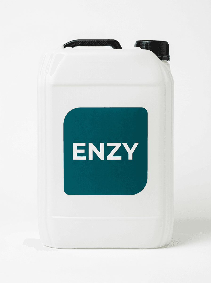 Bidon blanc de 5 litres, étiquette turquoise ENZY, sur fond blanc. Image générée.
