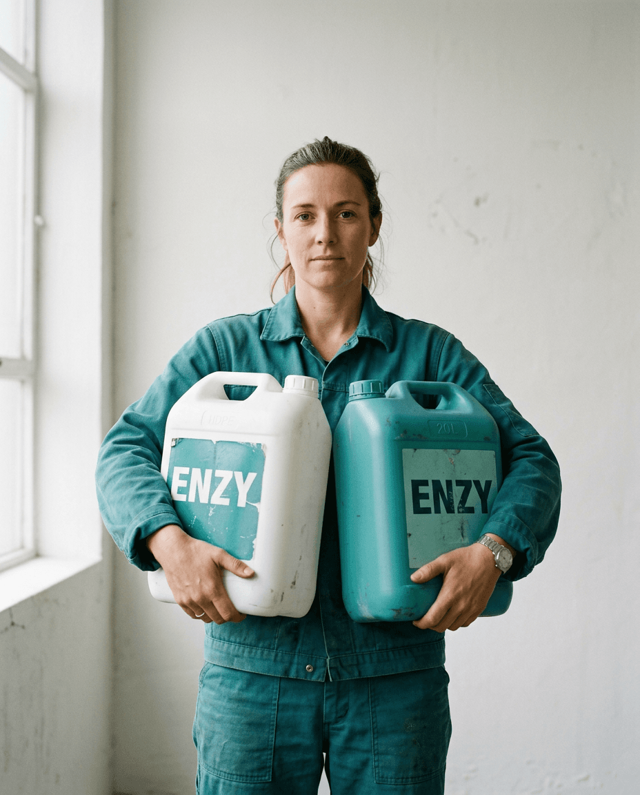 Une agente en tenue turquoise tient deux bidons ENZY contre elle, devant un mur blanc. Image générée.